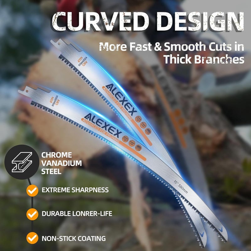 ALEXEX 6Pcs 15" Japanese Teeth Reciprocating Saw Blades for Wood Cutting and Tree Trimming, 6TPI Arc Curved Wood Sawzall Blades for PVC Pipe Cutting, Cr-V Sabre Sawzall Pruning Blades 15 Inch - Image 5